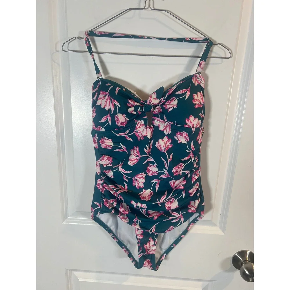 Draper James Womens One Piece Swimsuit Floral Ruched Teal‎ Pink Size S